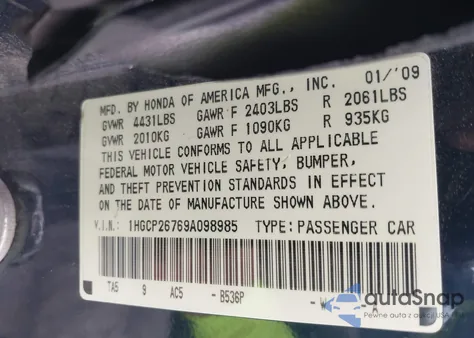 2009 Honda Accord 2.4 Ex from USA, damaged, VIN 1HGCP26769A098985